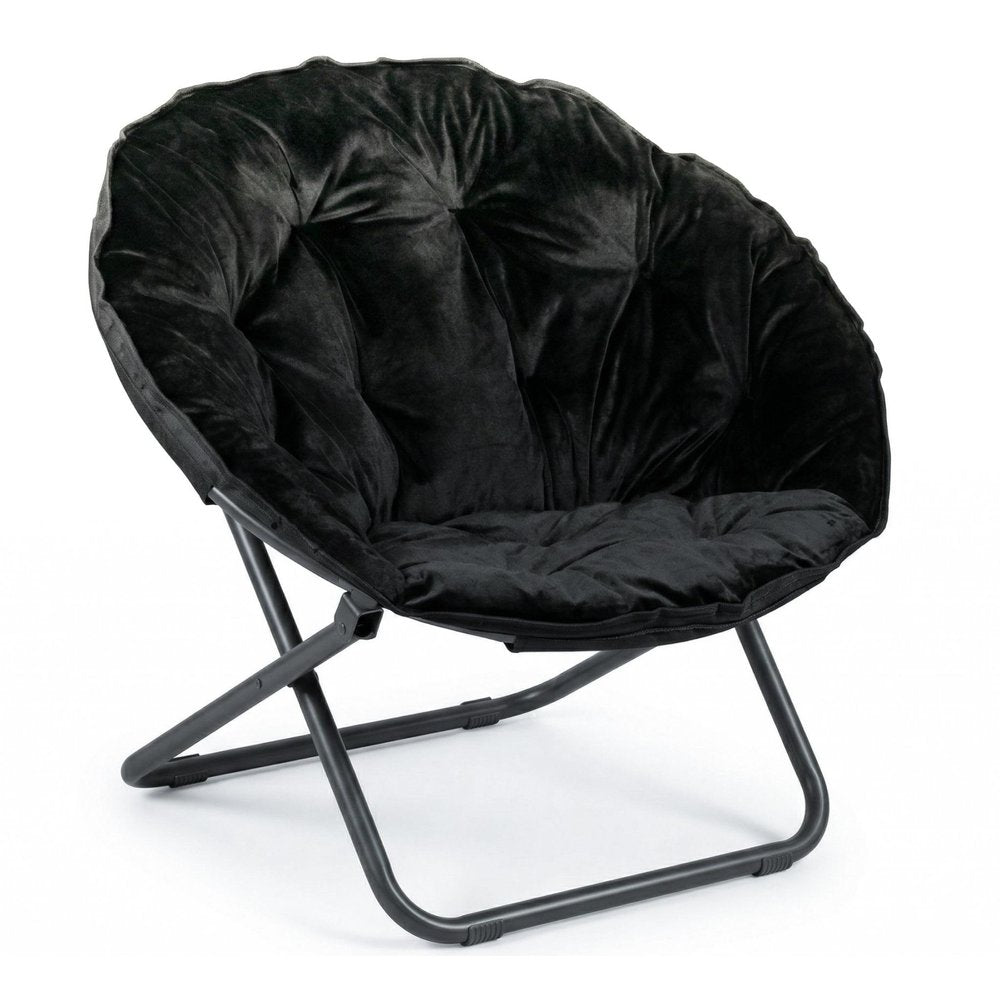 33" Black Tufted Faux Fur and Metal Folding Lounge Chair