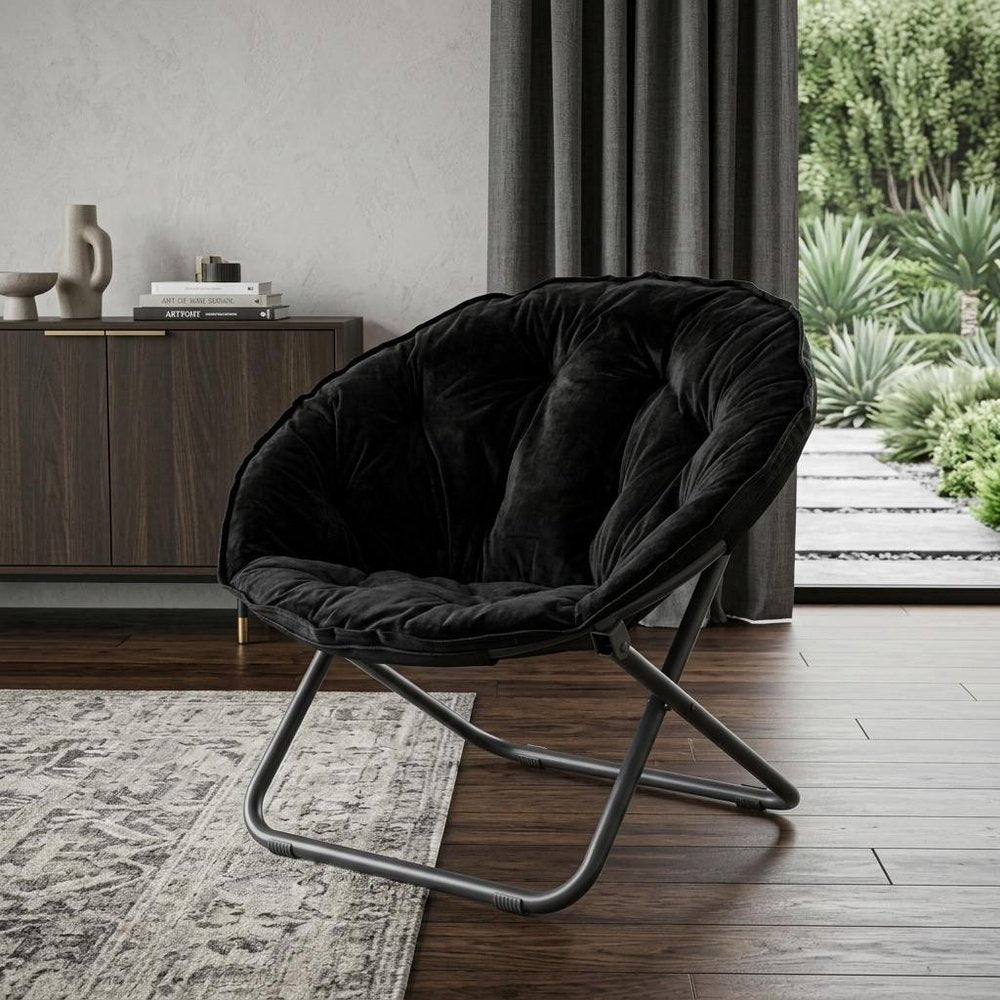 33" Black Tufted Faux Fur and Metal Folding Lounge Chair