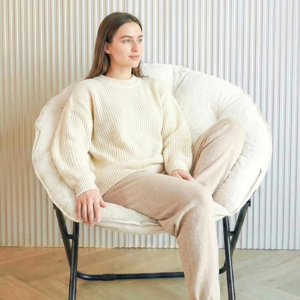 33" White Tufted Faux Fur and Metal Folding Lounge Chair