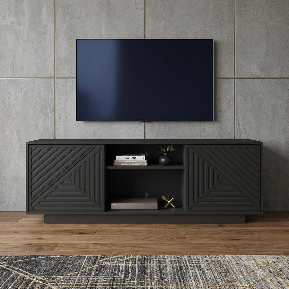63" Black Ribbed Texture Wood Enclosed and Open Storage TV Stand