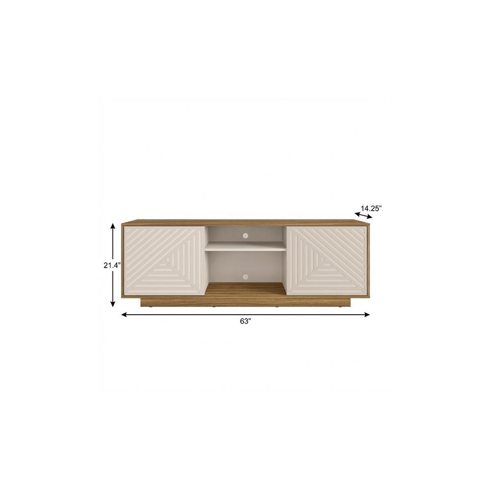 63" Oak And White Ribbed Texture Wood Enclosed and Open Storage TV Stand