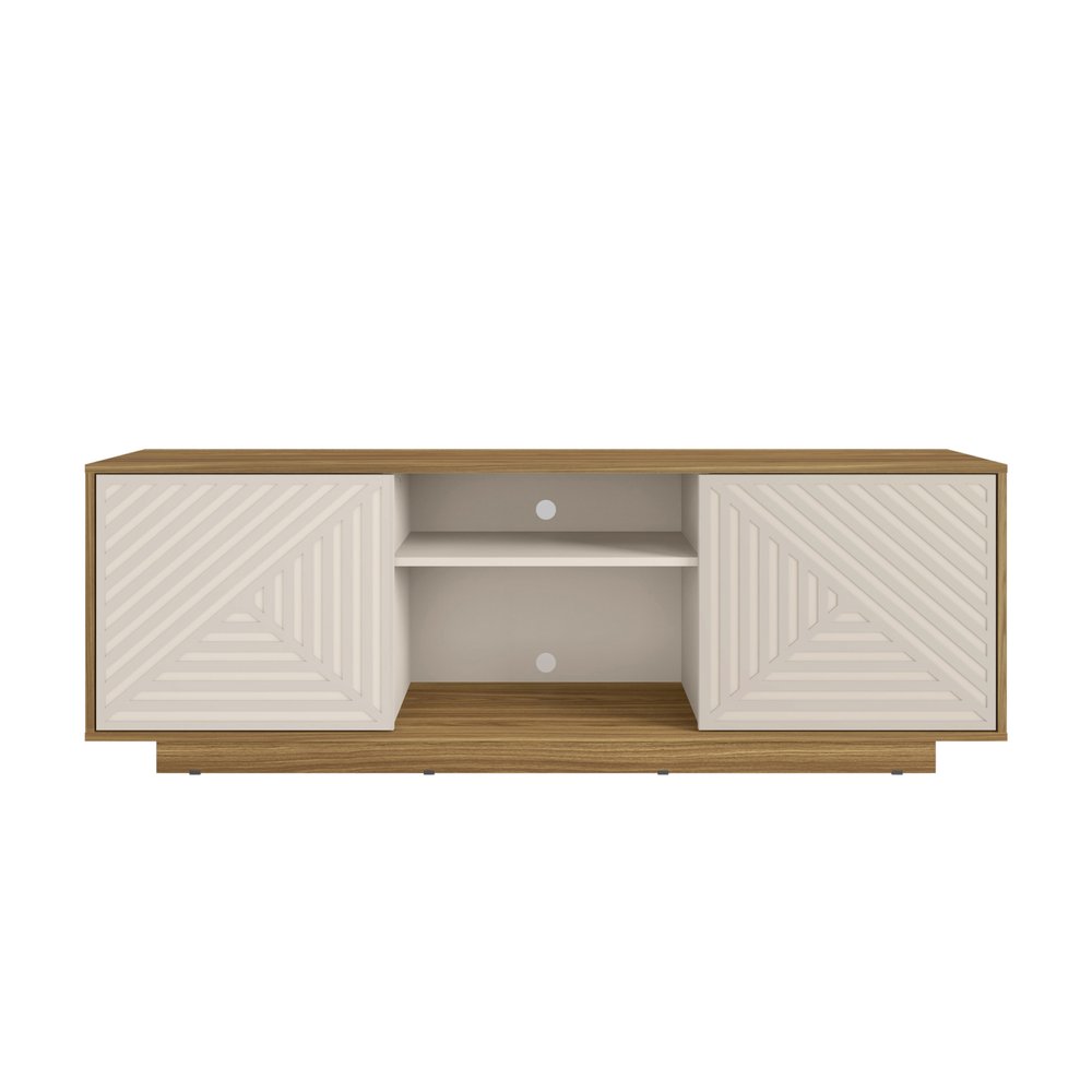 63" Oak And White Ribbed Texture Wood Enclosed and Open Storage TV Stand