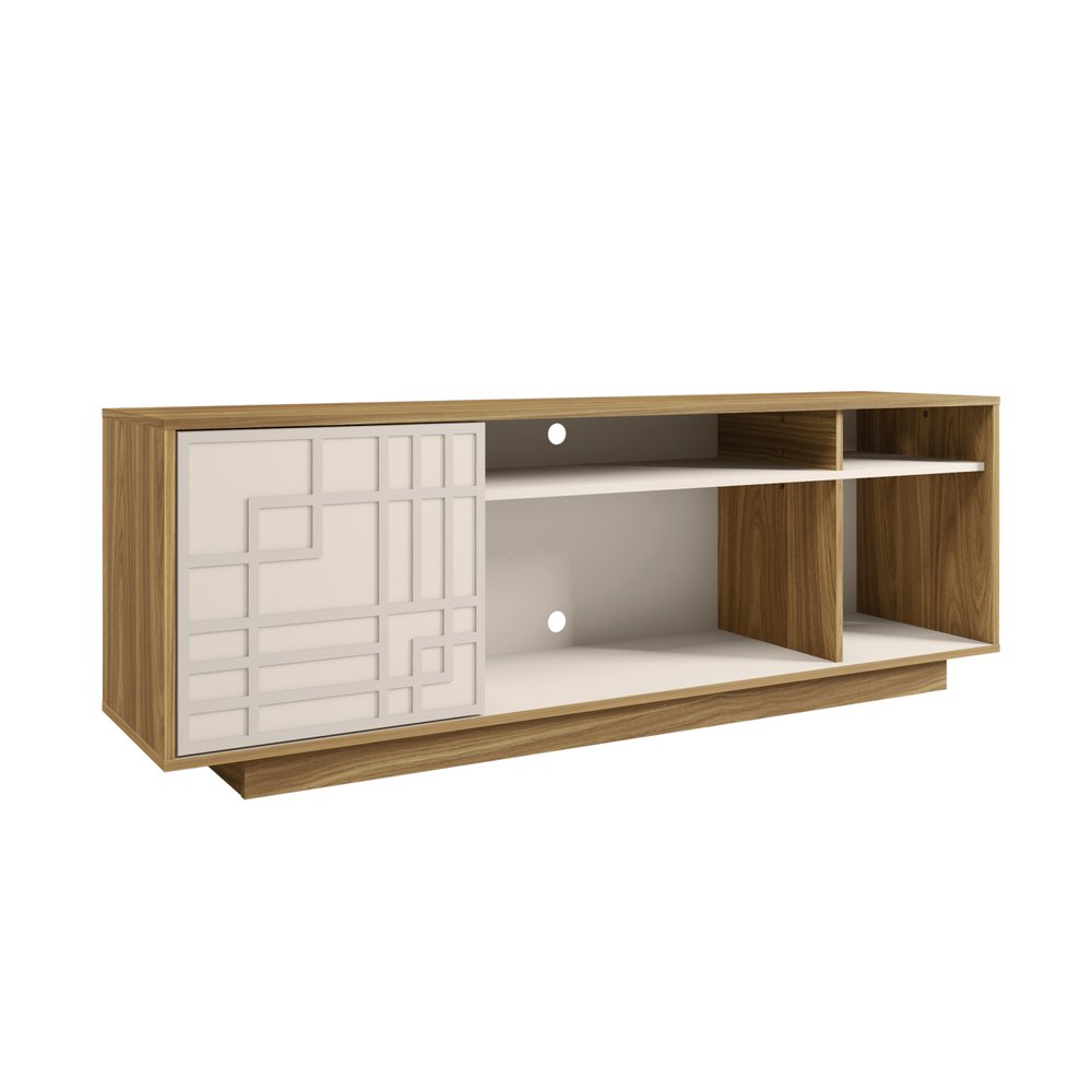 63" Natural And White Carved Geometric Wood Enclosed and Open Storage TV Stand
