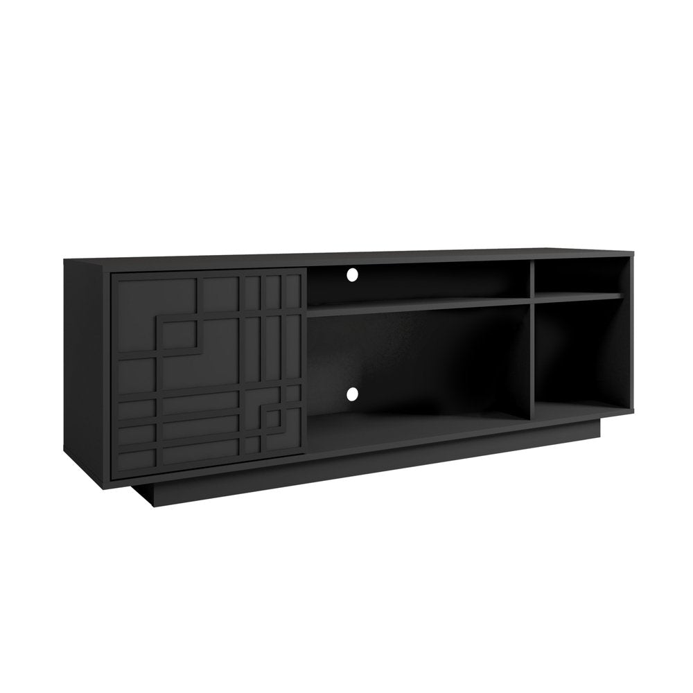 63" Black Carved Geometric Wood Enclosed and Open Storage TV Stand