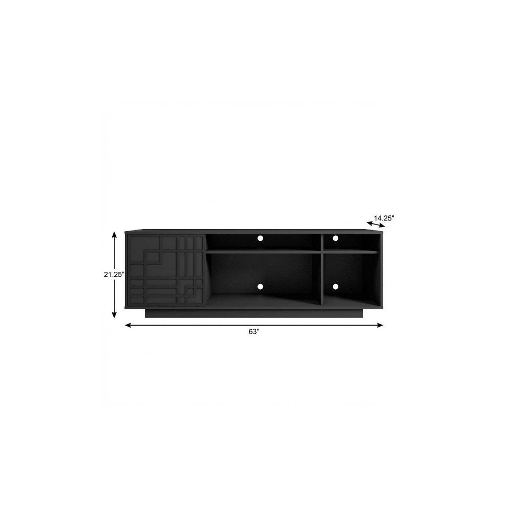 63" Black Carved Geometric Wood Enclosed and Open Storage TV Stand