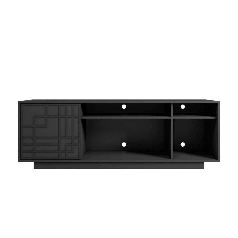 63" Black Carved Geometric Wood Enclosed and Open Storage TV Stand