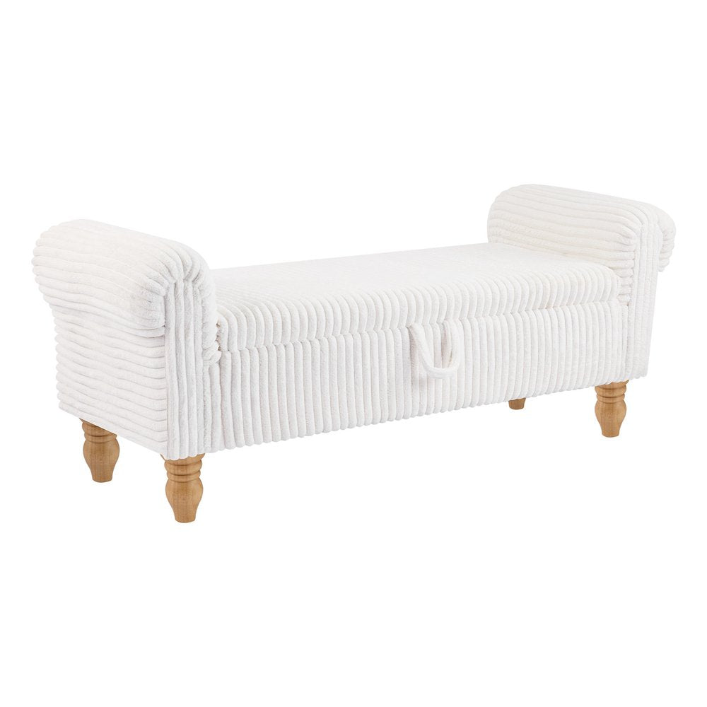 55" White and Brown Corduroy and Solid Wood Upholstered Storage Bench With Flip Top