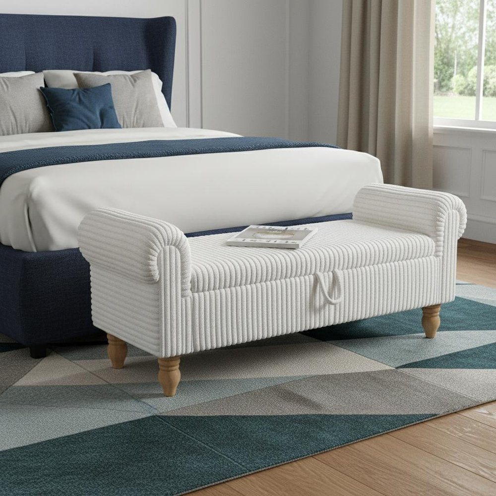 55" White and Brown Corduroy and Solid Wood Upholstered Storage Bench With Flip Top