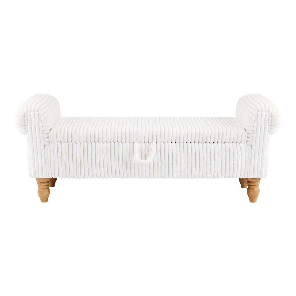 55" White and Brown Corduroy and Solid Wood Upholstered Storage Bench With Flip Top