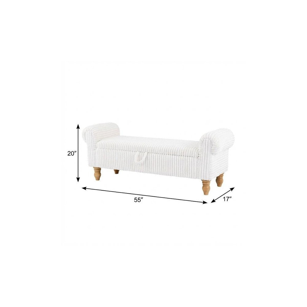 55" White and Brown Corduroy and Solid Wood Upholstered Storage Bench With Flip Top