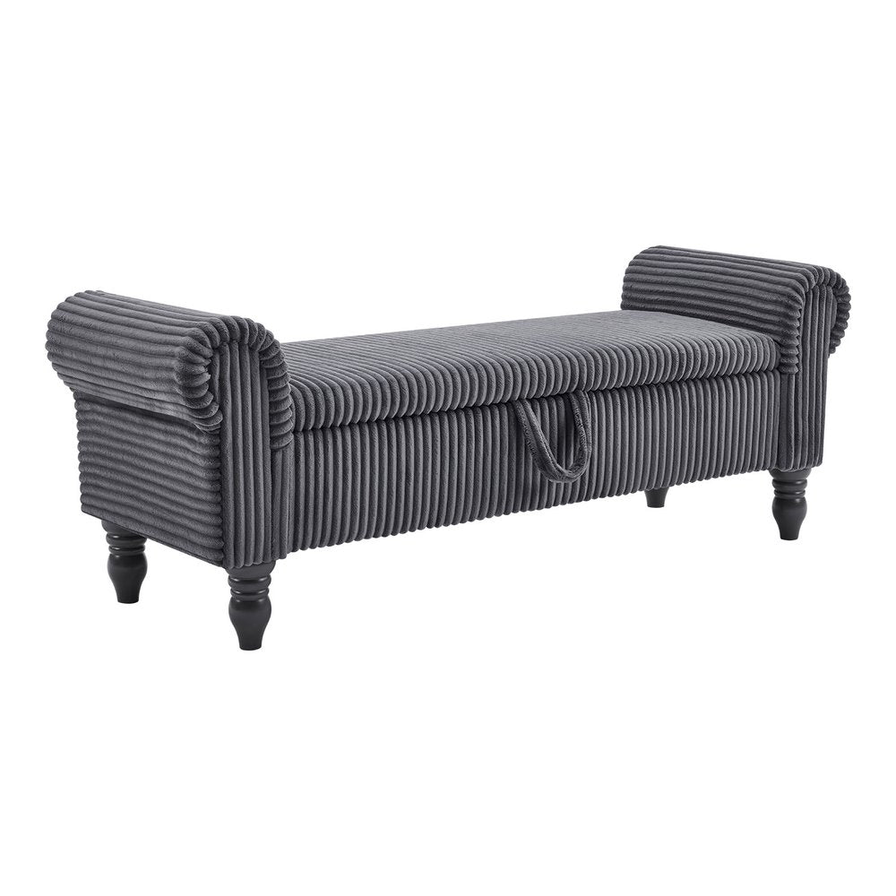 55" Dark Gray Corduroy and Solid Wood Upholstered Storage Bench With Flip Top
