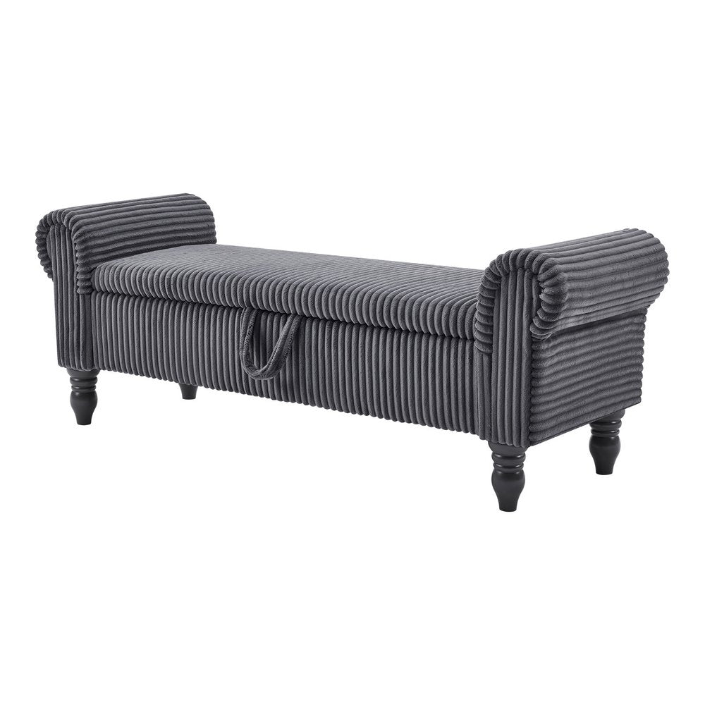 55" Dark Gray Corduroy and Solid Wood Upholstered Storage Bench With Flip Top