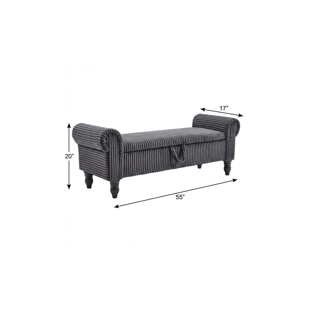 55" Dark Gray Corduroy and Solid Wood Upholstered Storage Bench With Flip Top