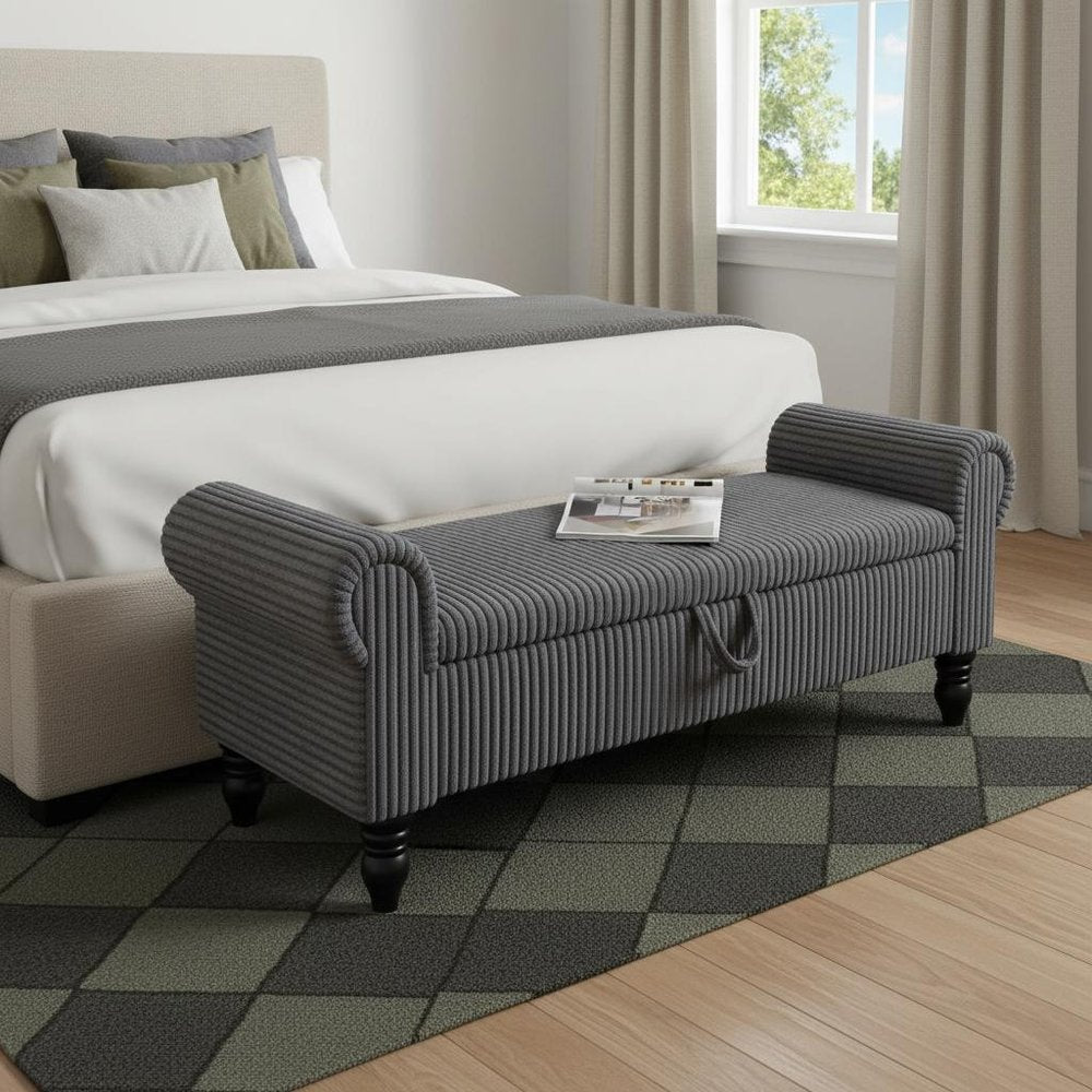 55" Dark Gray Corduroy and Solid Wood Upholstered Storage Bench With Flip Top