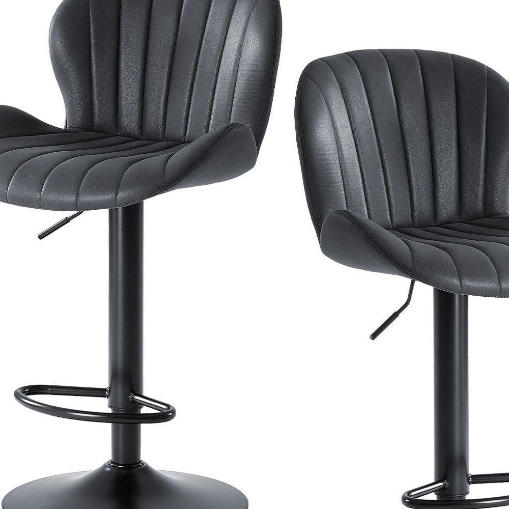 Set of Two Black Faux Leather and Aluminum Adjustable Height Swivel Bar Chairs