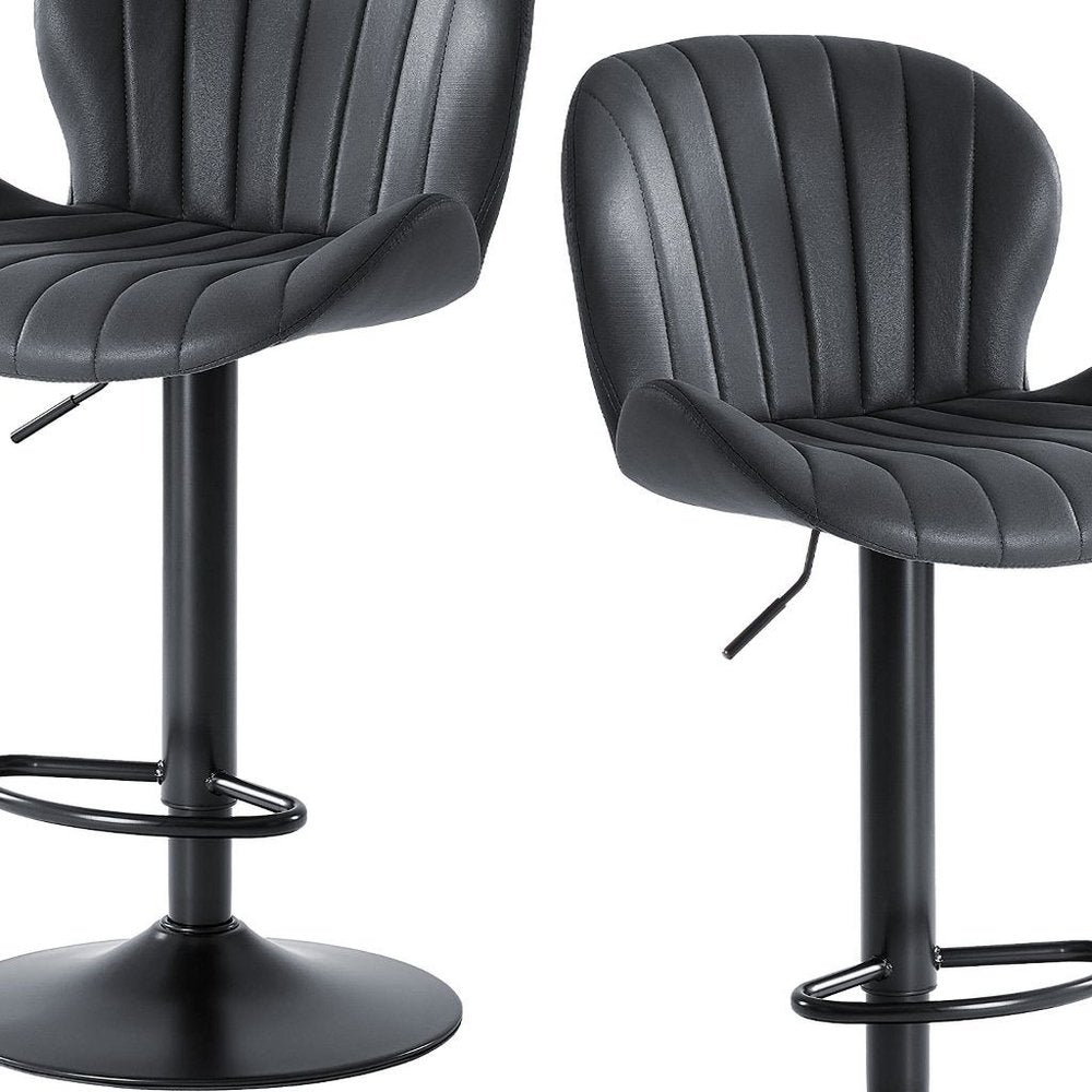 Set of Two Black Faux Leather and Aluminum Adjustable Height Swivel Bar Chairs