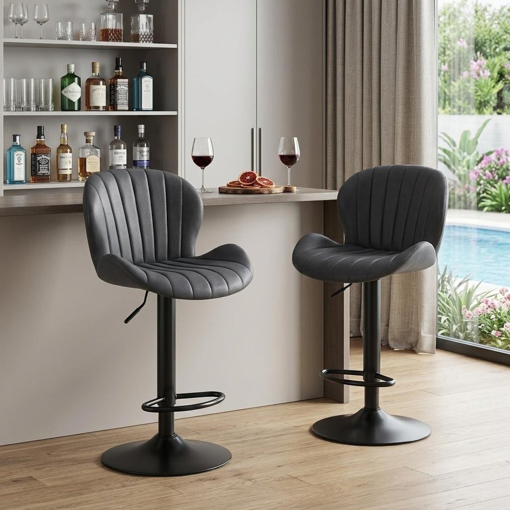 Set of Two Black Faux Leather and Aluminum Adjustable Height Swivel Bar Chairs
