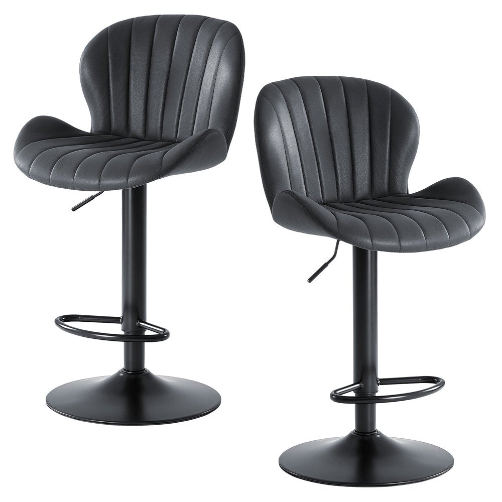 Set of Two Black Faux Leather and Aluminum Adjustable Height Swivel Bar Chairs
