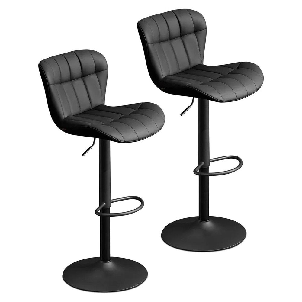 Set of Two Black Faux Leather and Aluminum Adjustable Height Swivel Bar Chairs