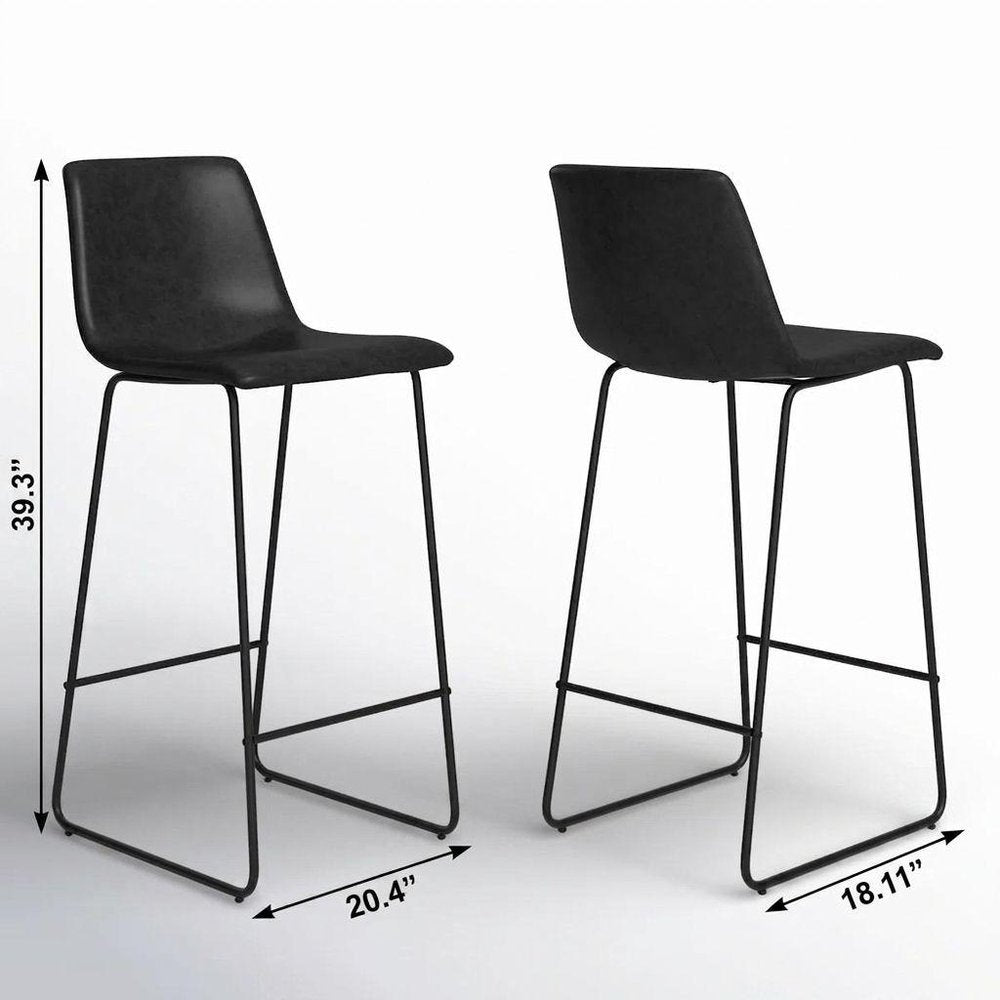 Set of Two 29" Black Faux Leather and Aluminum Bar Height Bar Chairs