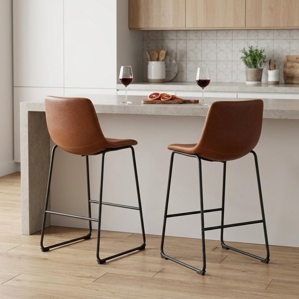 Set of Two 26" Brown and Black Faux Leather and Aluminum Counter Height Bar Chairs
