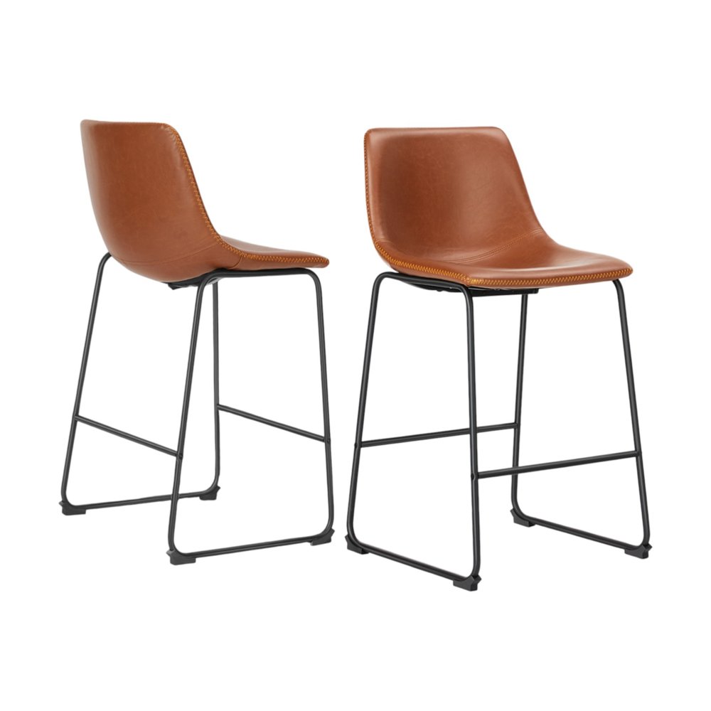 Set of Two 29" Brown and Black Faux Leather and Aluminum Bar Height Bar Chairs