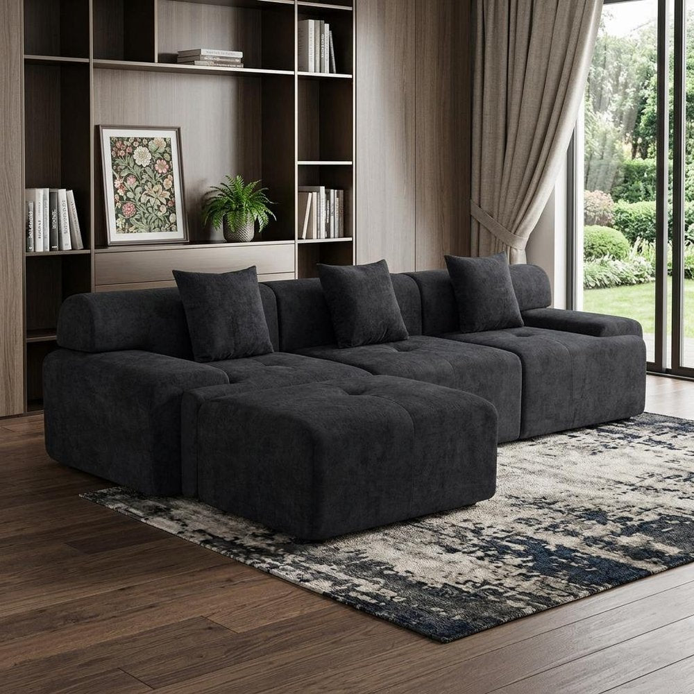 118" Black Chenille Modular Sofa With Ottoman And Toss Pillows