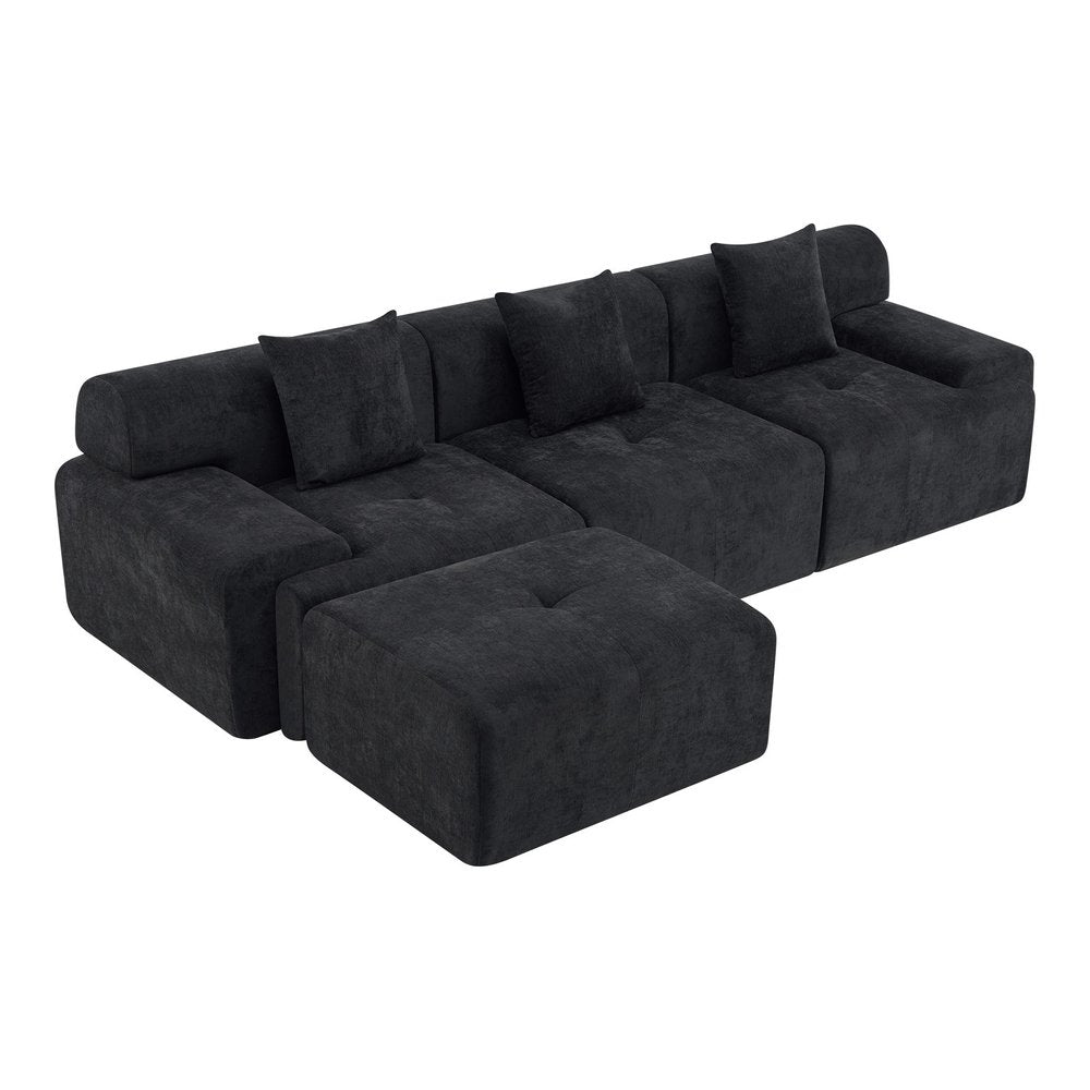 118" Black Chenille Modular Sofa With Ottoman And Toss Pillows