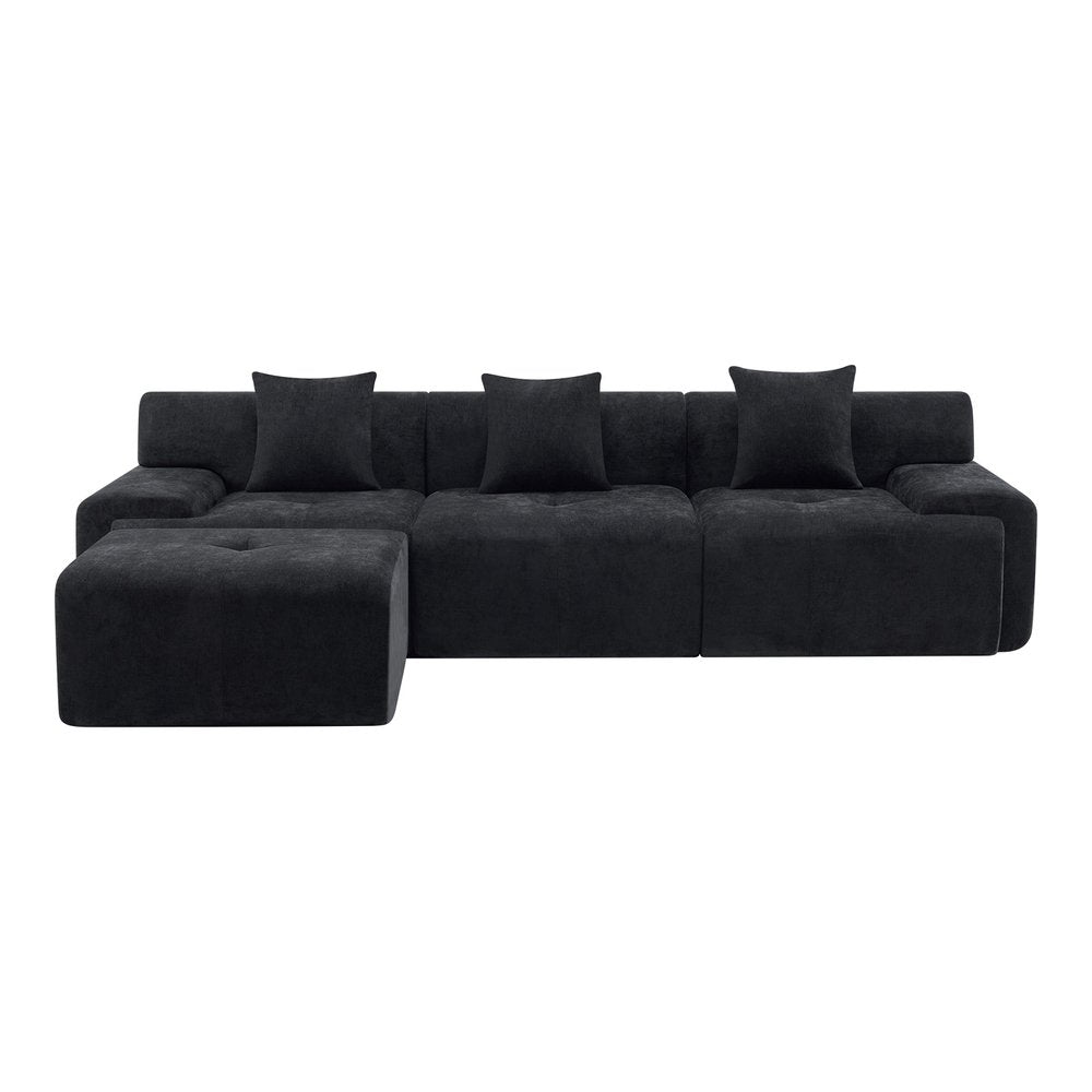 118" Black Chenille Modular Sofa With Ottoman And Toss Pillows