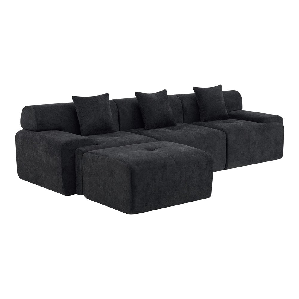 118" Black Chenille Modular Sofa With Ottoman And Toss Pillows