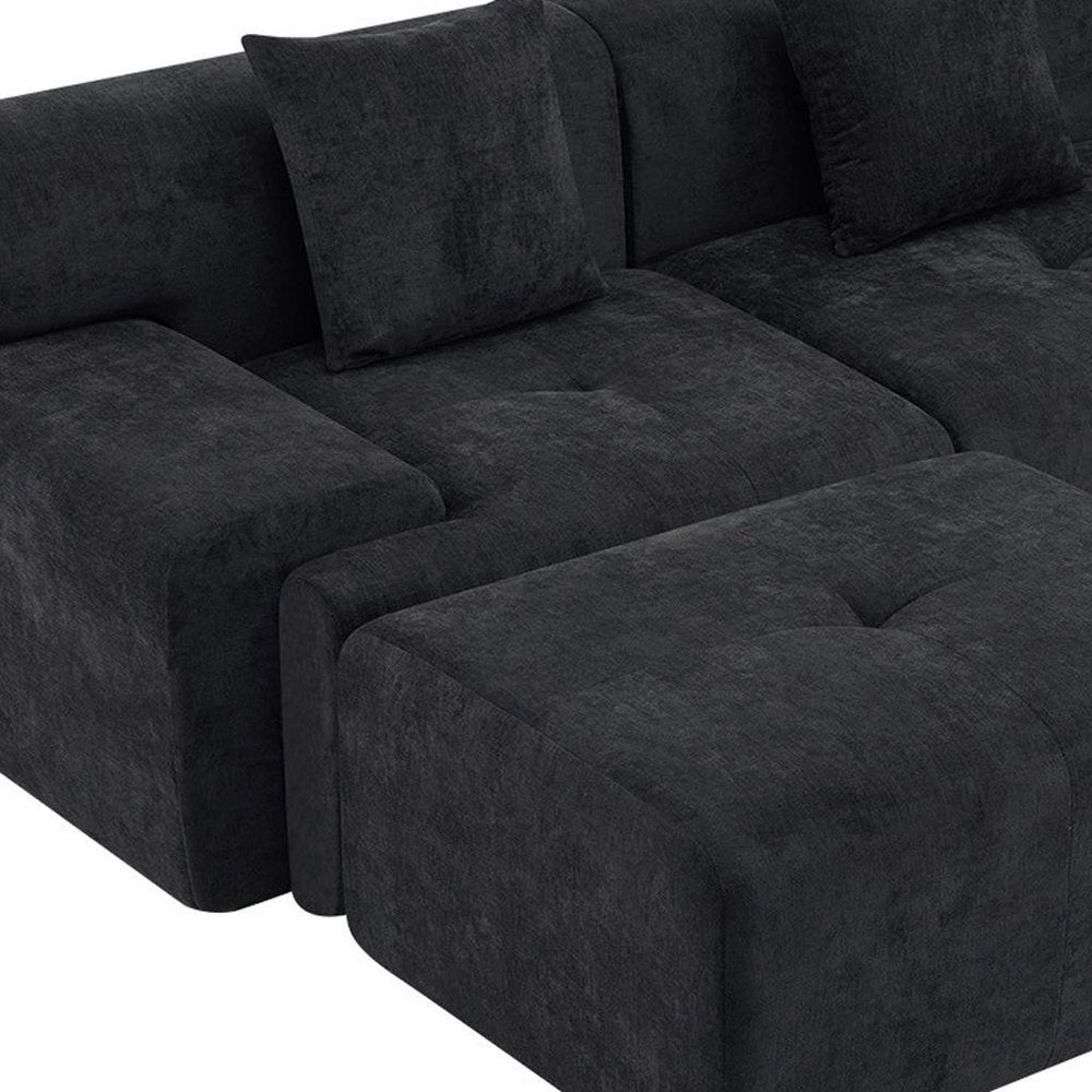 118" Black Chenille Modular Sofa With Ottoman And Toss Pillows