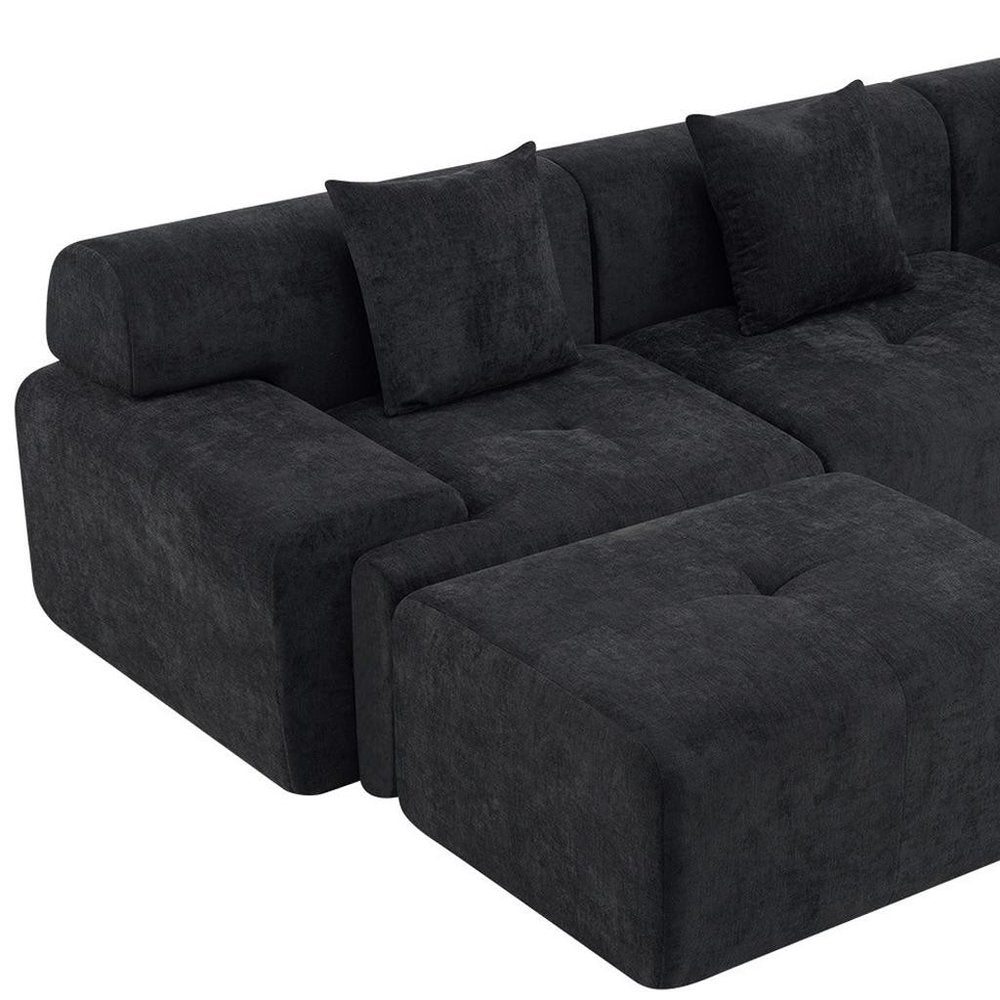118" Black Chenille Modular Sofa With Ottoman And Toss Pillows