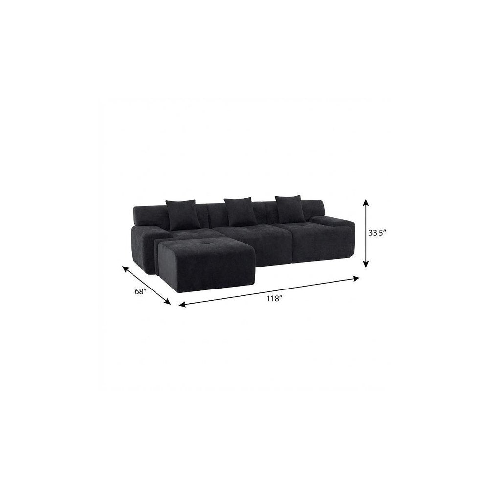 118" Black Chenille Modular Sofa With Ottoman And Toss Pillows