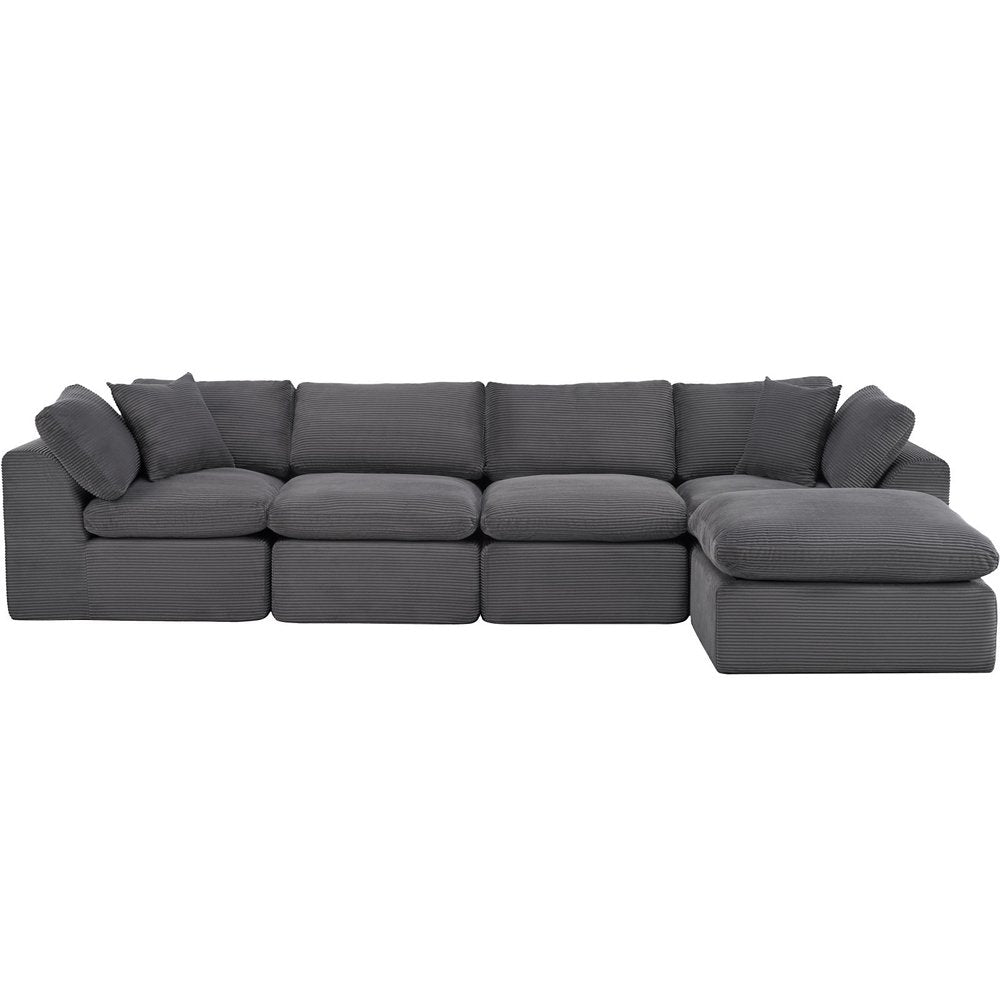 138" Dark Gray Corduroy Modular Sofa With Ottoman And Toss Pillows