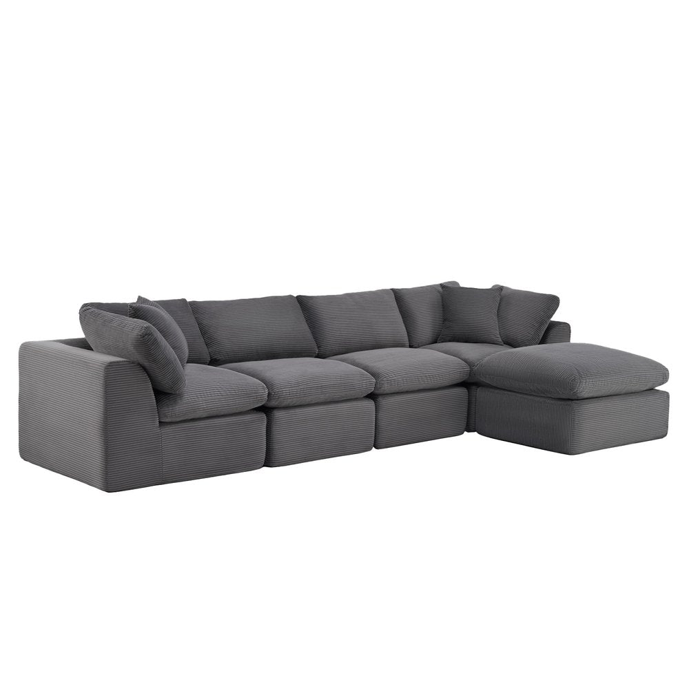 138" Dark Gray Corduroy Modular Sofa With Ottoman And Toss Pillows