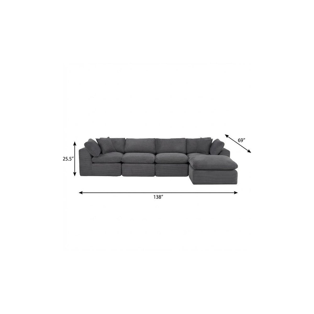 138" Dark Gray Corduroy Modular Sofa With Ottoman And Toss Pillows