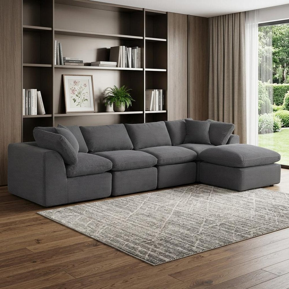 138" Dark Gray Corduroy Modular Sofa With Ottoman And Toss Pillows