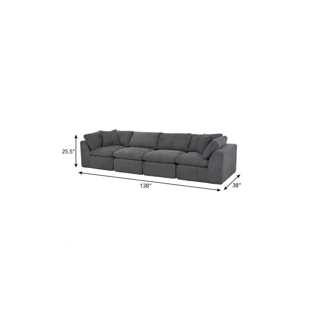 138" Dark Gray Corduroy Modular Sofa With Toss Pillows