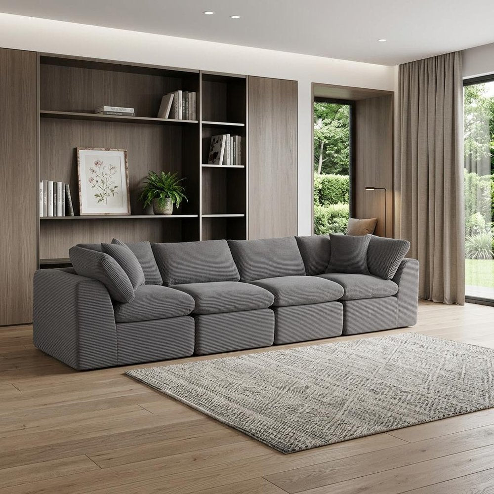 138" Dark Gray Corduroy Modular Sofa With Toss Pillows