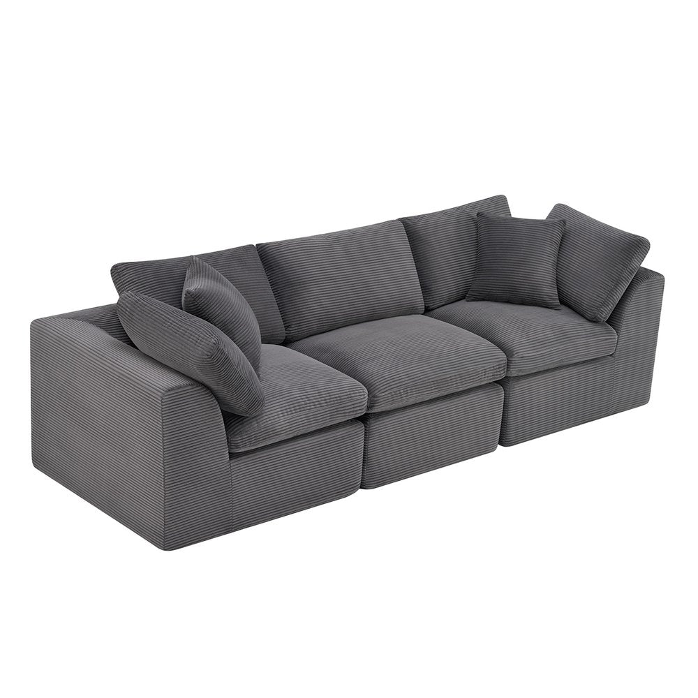108" Dark Gray Corduroy Modular Sofa With Toss Pillows