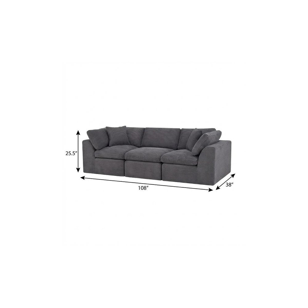 108" Dark Gray Corduroy Modular Sofa With Toss Pillows