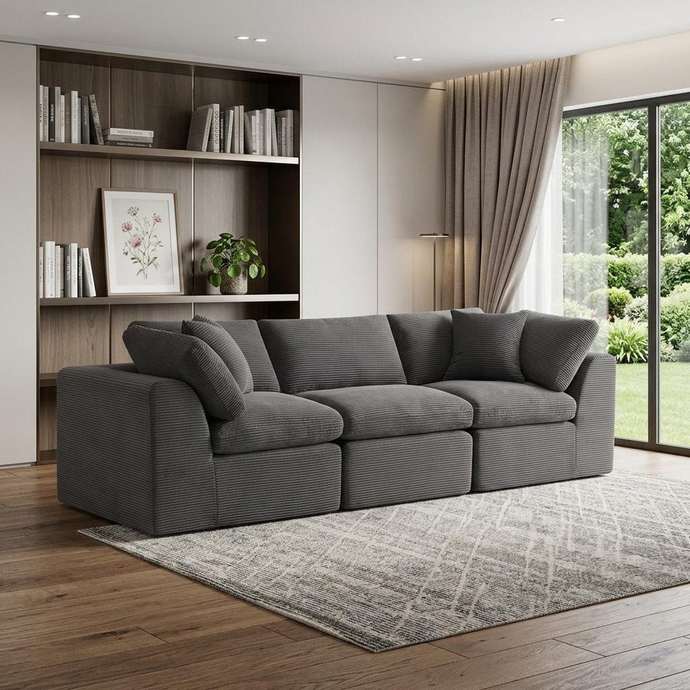 108" Dark Gray Corduroy Modular Sofa With Toss Pillows