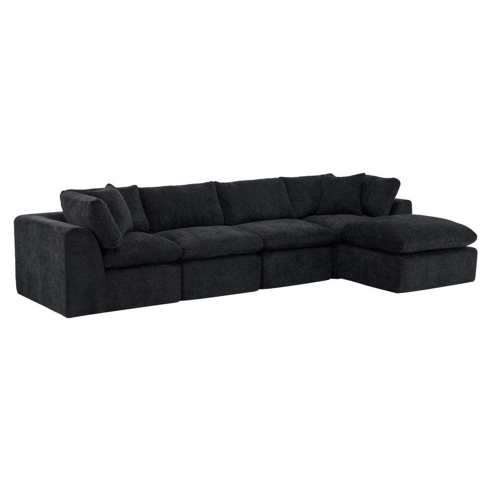 138" Black Chenille Modular Sofa With Ottoman And Toss Pillows