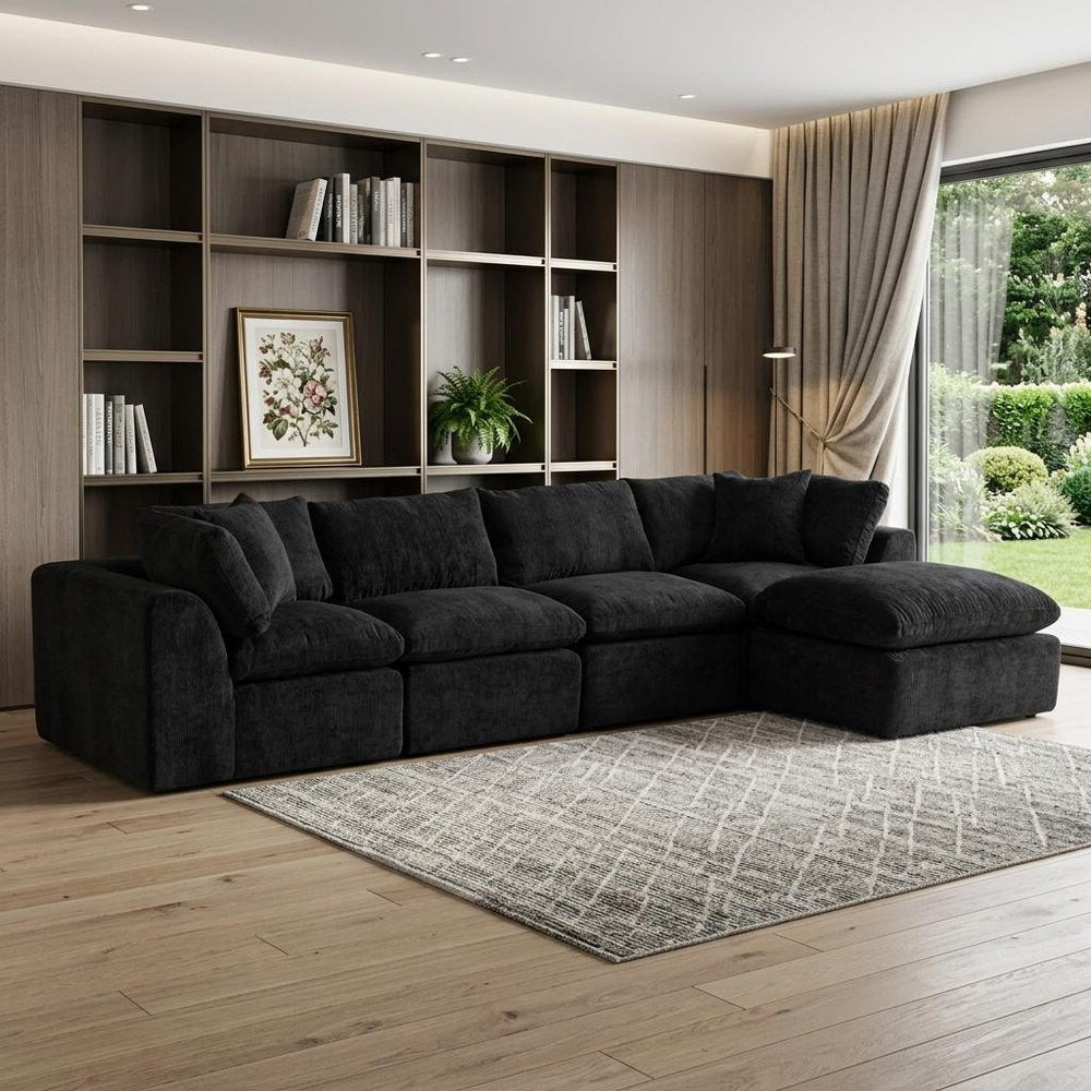 138" Black Chenille Modular Sofa With Ottoman And Toss Pillows