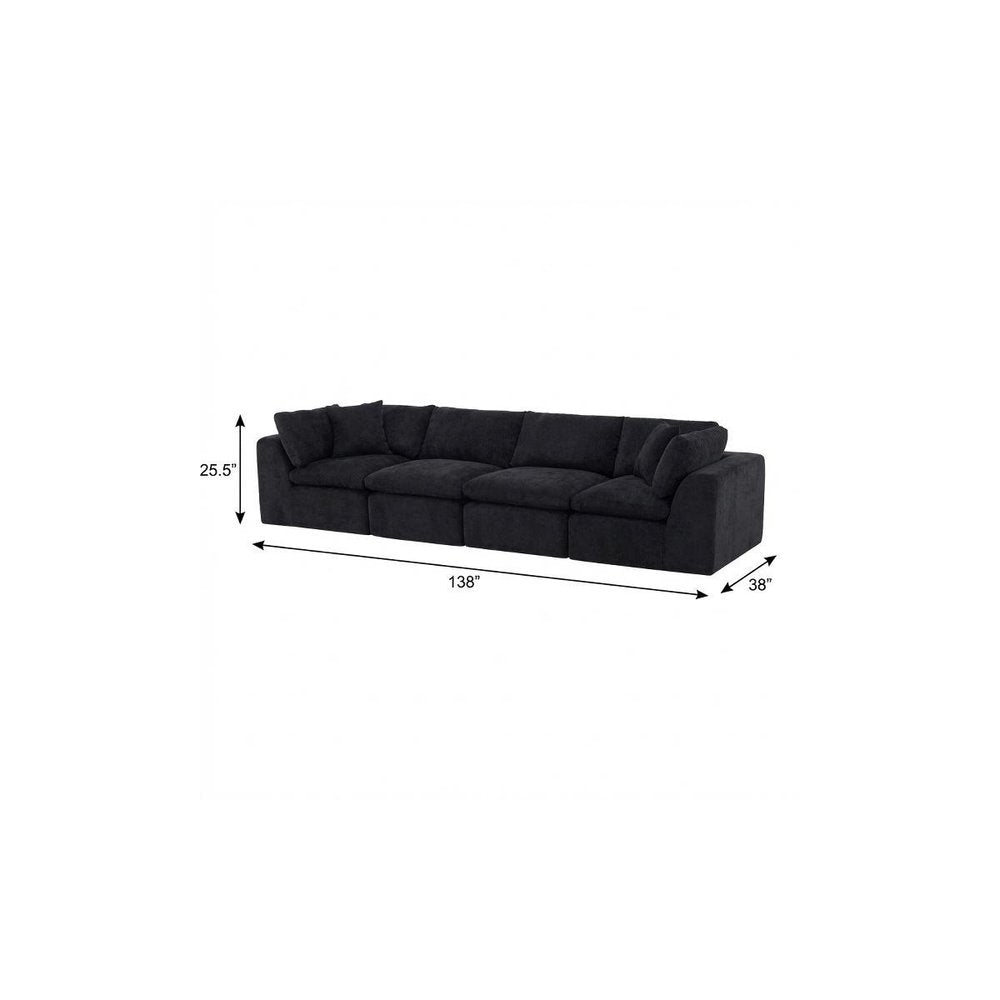138" Black Chenille Modular Sofa With Toss Pillows