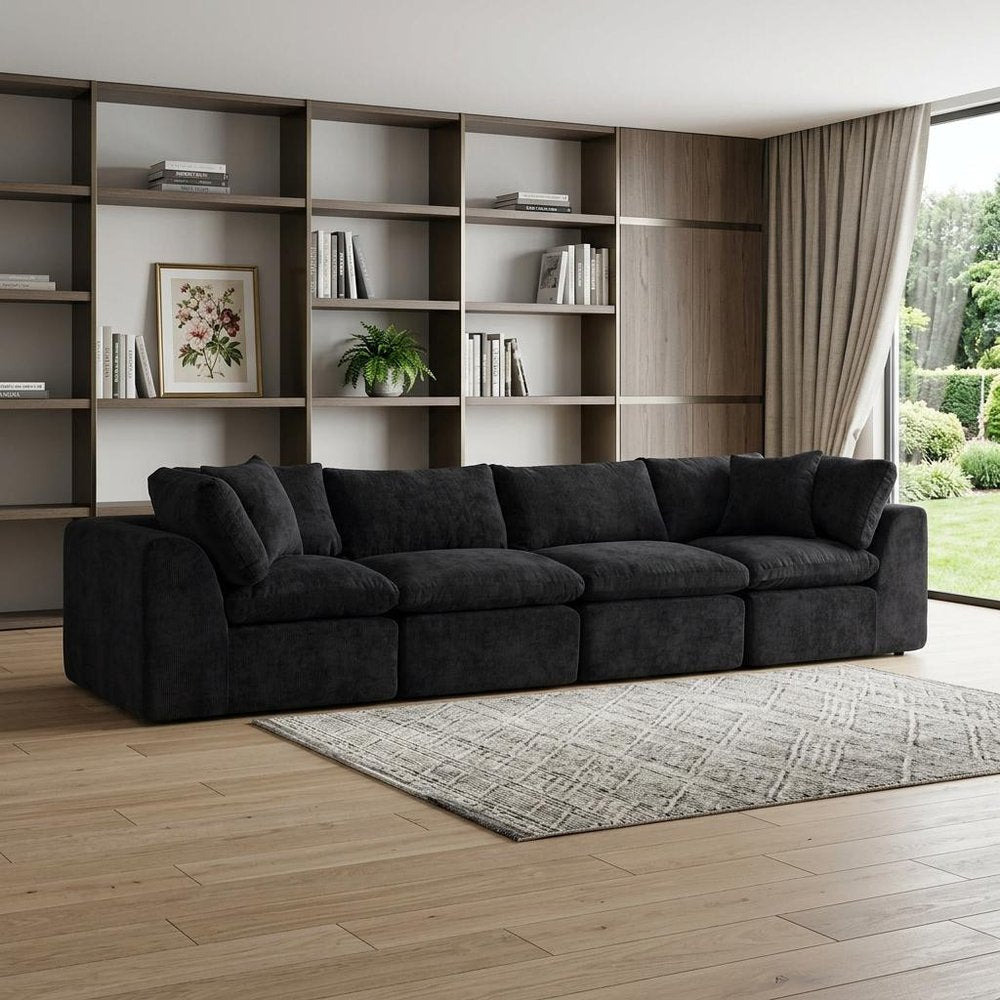 138" Black Chenille Modular Sofa With Toss Pillows