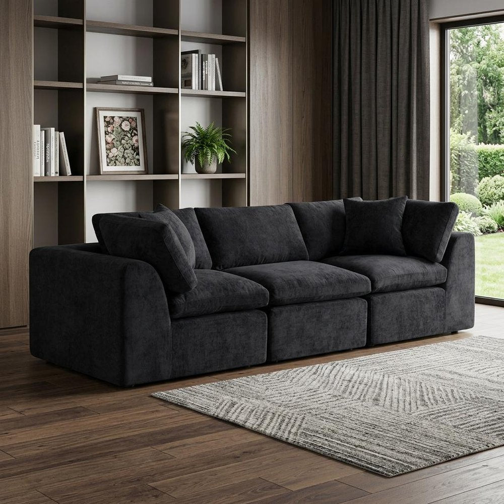 108" Black Chenille Modular Sofa With Toss Pillows