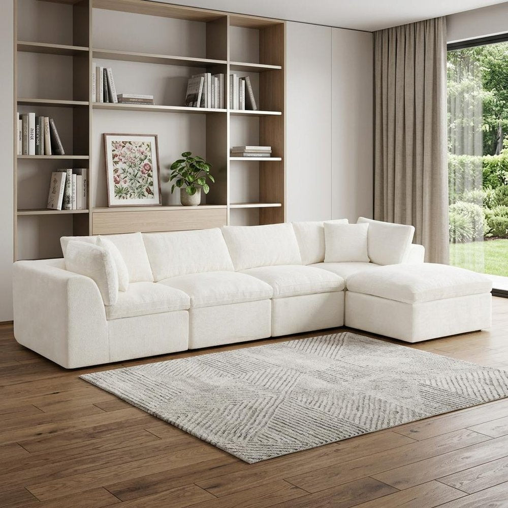 138" Beige Chenille Modular Sofa With Ottoman And Toss Pillows