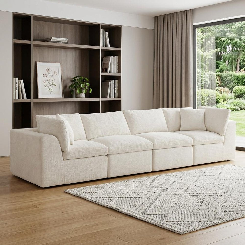 138" Beige Chenille Modular Sofa With Toss Pillows
