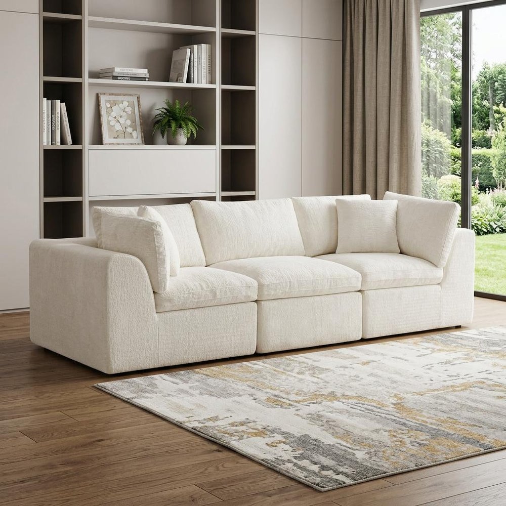 108" Beige Chenille Modular Sofa With Toss Pillows